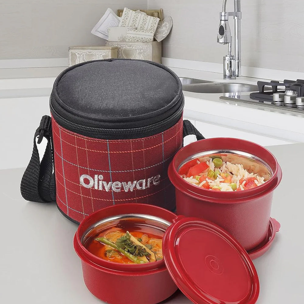 SOPL-OLIVEWARE Cleo Lunch Box, Microwave Safe & Leak Proof, 2 Inner Steel Containers with BPA Free Airtight Lids (450ml & 600ml), Fabric Bag - Red