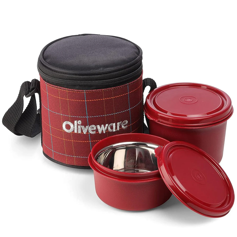 SOPL-OLIVEWARE Cleo Lunch Box, Microwave Safe & Leak Proof, 2 Inner Steel Containers with BPA Free Airtight Lids (450ml & 600ml), Fabric Bag - Red
