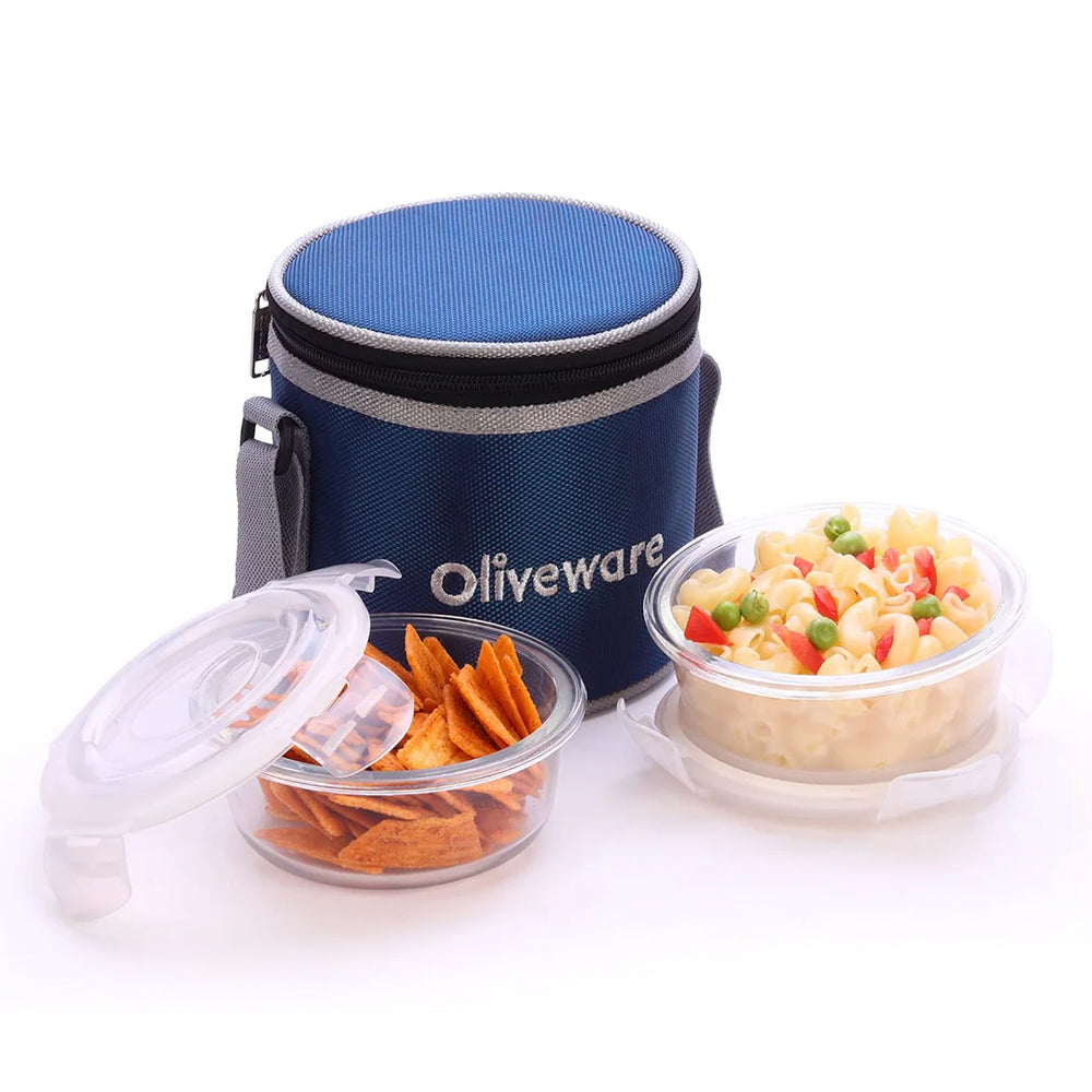 SOPL-OLIVEWARE Bold Glassware Lunchbox, Borosilicate Glass Containers, Microwave Safe & Leak Proof, Set of 2 with BPA Free (400ml) Each - Blue