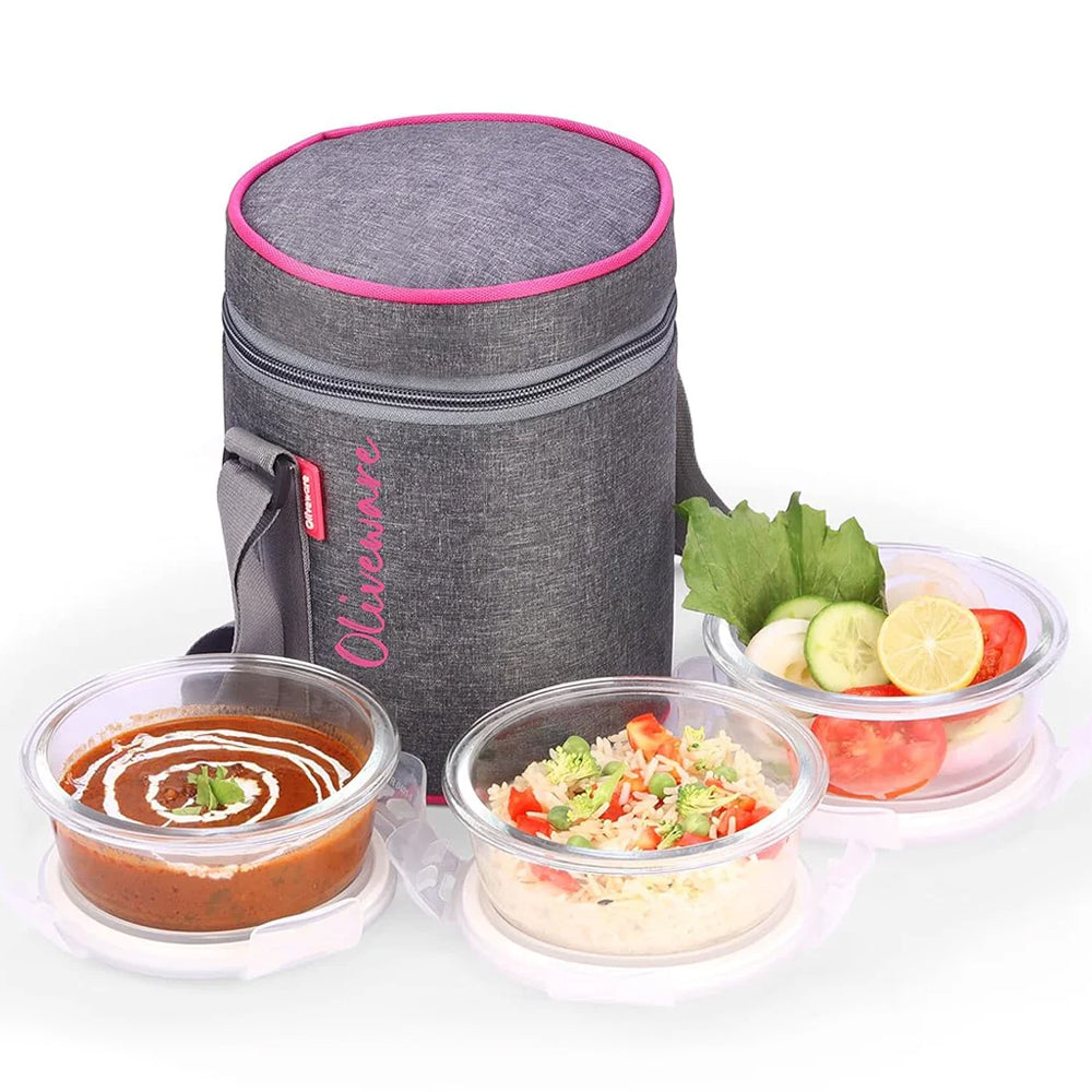SOPL-OLIVEWARE Innox Glassware Lunchbox, Borosilicate Glass Containers, Microwave Safe & Leak Proof, 3 Containers with BPA Free Airtight Lids (400ml) Each - Pink