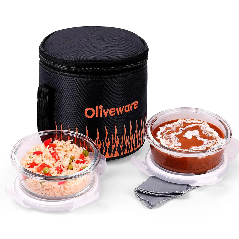 SOPL-OLIVEWARE Sizzle Glassware Round Lunchbox, Borosilicate Glass Containers, Microwave Safe & Leak Proof, 2 Containers with BPA Free Lids (400ml) Each - (Fire, Black_Orange)