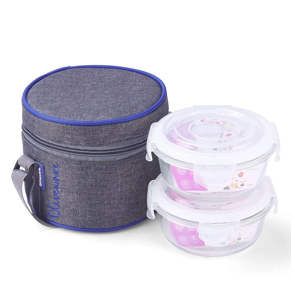 SOPL-OLIVEWARE Joy Glassware Round Lunchbox, Borosilicate Glass Containers, Microwave Safe & Leak Proof, 2 Containers with BPA Free Lids (400ml) Each - Blue