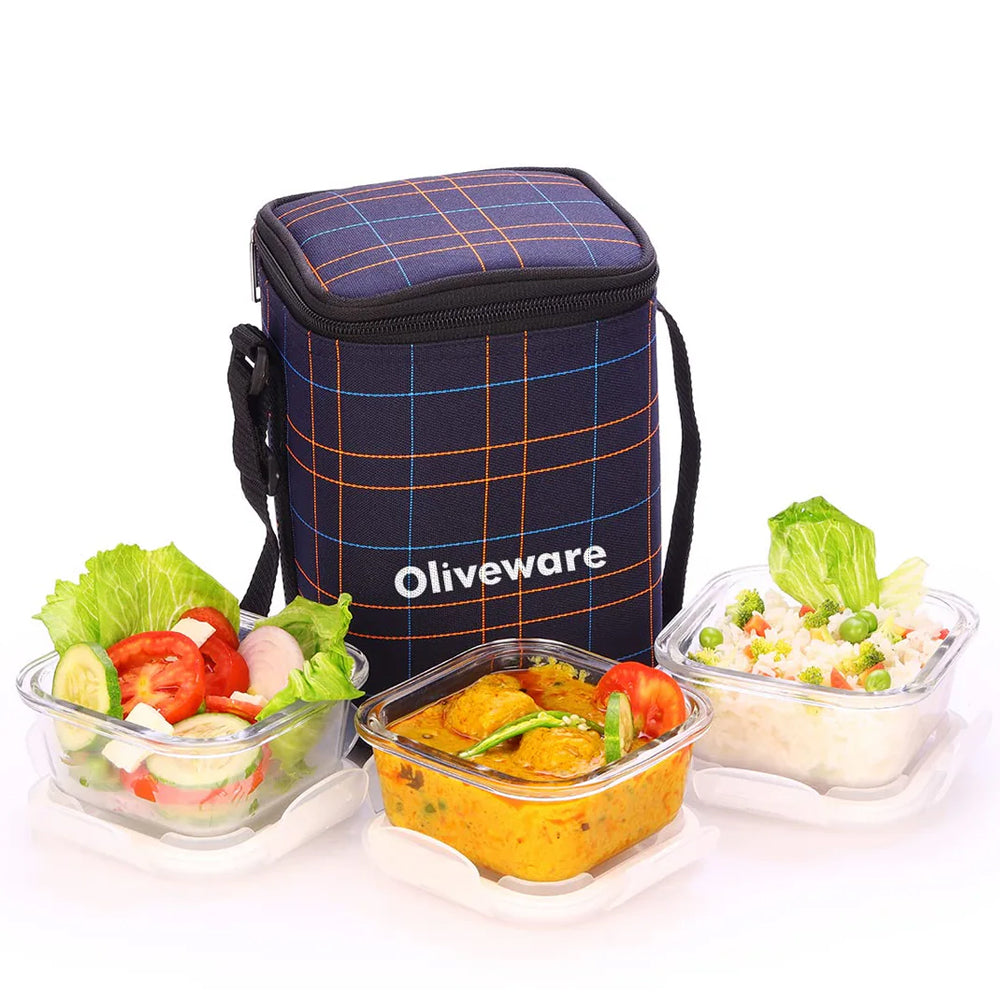 SOPL-OLIVEWARE Spyker Glassware Square Lunchbox, Borosilicate Glass Containers, Microwave Safe & Leak Proof, 3 Containers with BPA Free Lids (320ml) Each - Blue