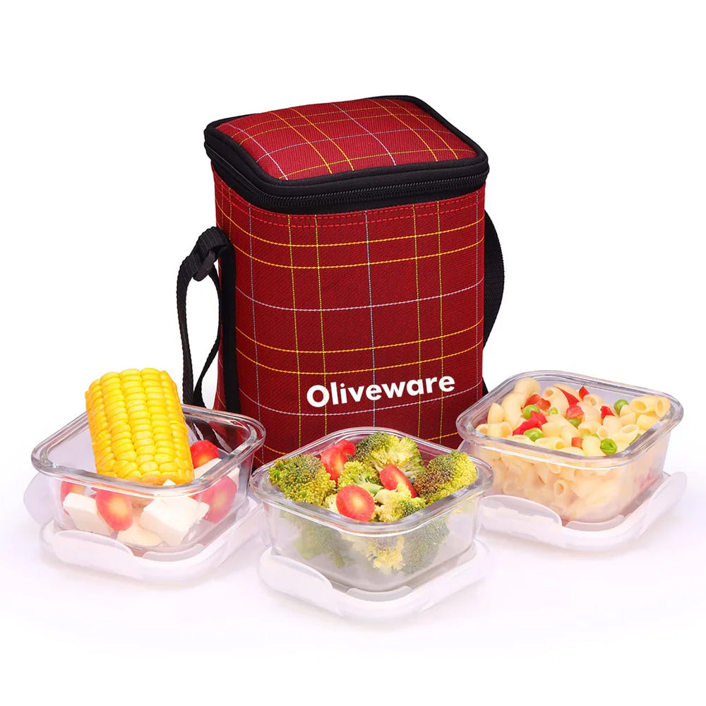 SOPL-OLIVEWARE Spyker Glassware Square Lunchbox, Borosilicate Glass Containers, Microwave Safe & Leak Proof, 3 Containers with BPA Free Lids (320ml) Each - Red