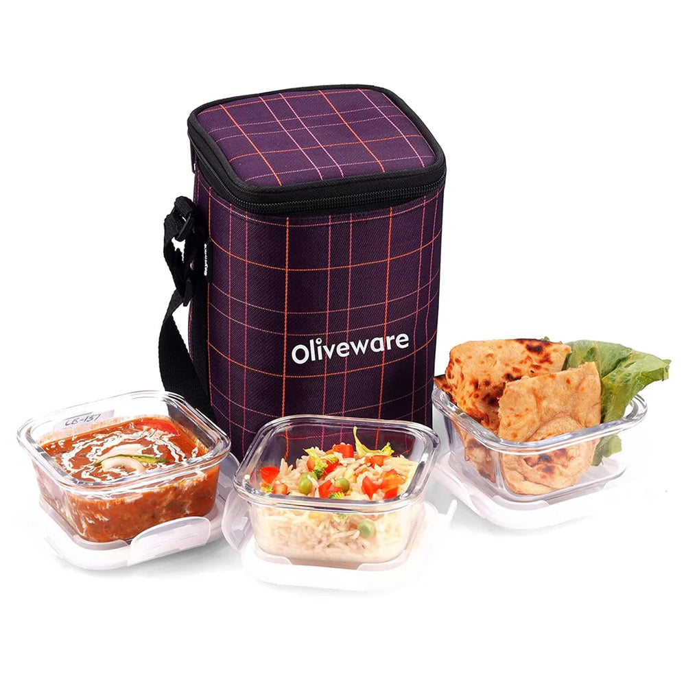 SOPL-OLIVEWARE Spyker Glassware Square Lunchbox, Borosilicate Glass Containers, Microwave Safe & Leak Proof, 3 Containers with BPA Free Lids (320ml) Each - Voilet