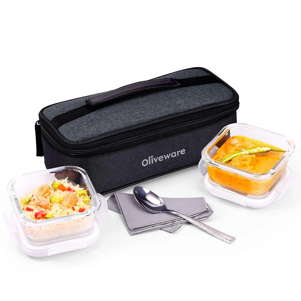 SOPL-OLIVEWARE Prism Borosilicate Glassware Square Lunchbox, Microwave Proof, Napkin & Steel Spoon, Set of 2 with 320ml Each - Grey