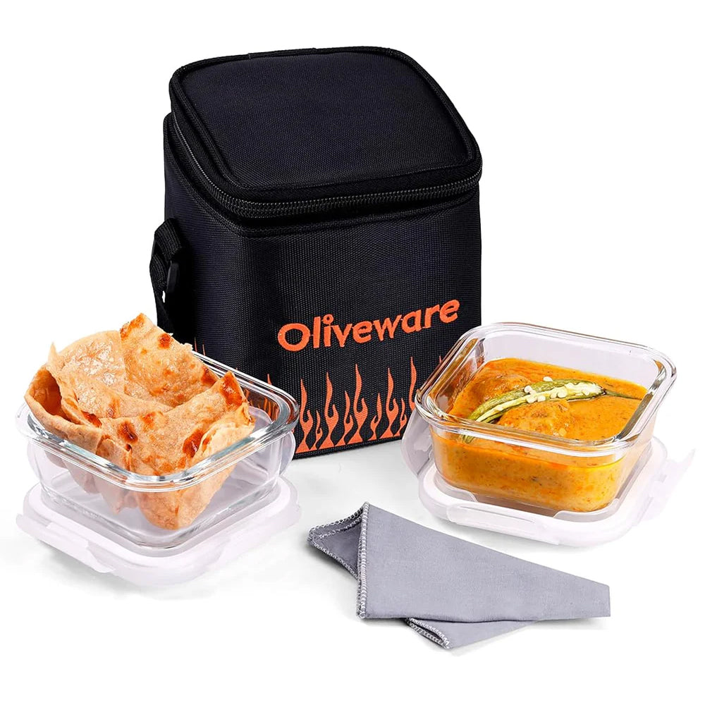 SOPL-OLIVEWARE Blaze Glassware Lunchbox with Napkin, Borosilicate Glass & Microwave Proof, Safety Lock Airtight Square Tiffin Storage, 2 Container in 320 ml Each - Black_Orange