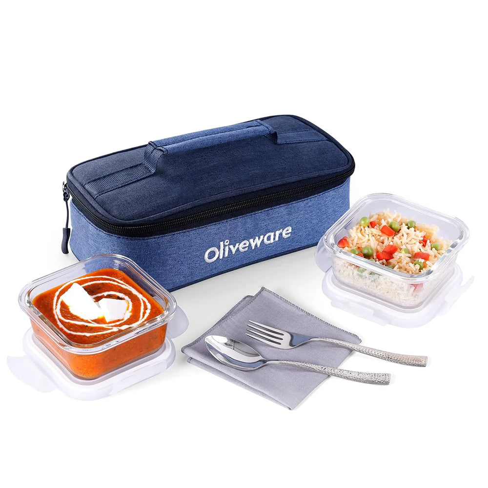 SOPL-OLIVEWARE Exotica Glass Lunch Box, Microwave Safe, Borosilicate Glass Containers with Cutlery + Napkin, Full Meal & Easy to Carry, Set of 2 (320ml)- Blue