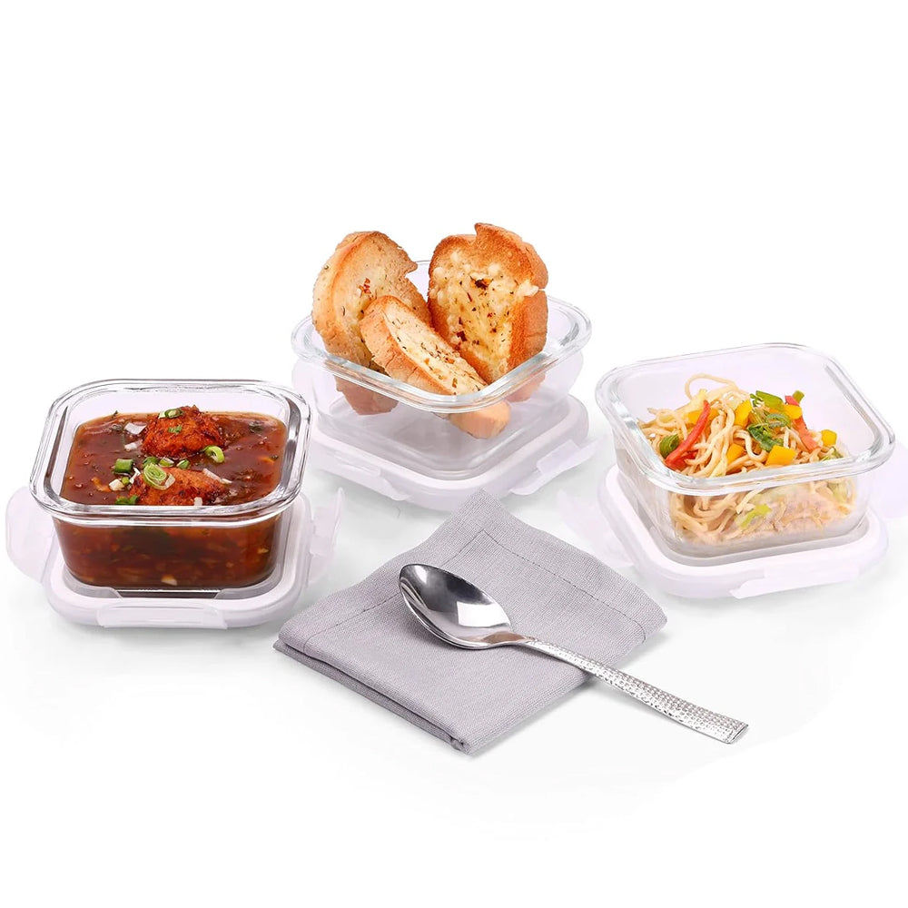 SOPL-OLIVEWARE Eathen Glass Lunch Box with Steel Spoon & Napkin, Microwave Safe, Borosilicate Glass Containers, Set of 3 (320ml Each), Fabric Bag - Blue