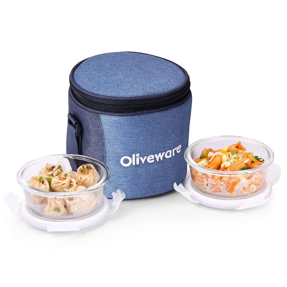 SOPL-OLIVEWARE Lily Glass Lunch Box with Fabric Bag, Leak Proof & Microwave Safe, 2 Container with 400ml Each- Blue