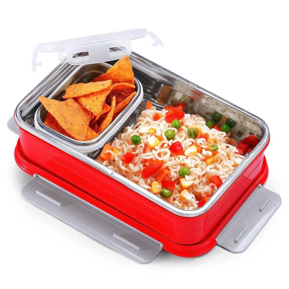 Oliveware Lunch Boxes for School Kids Girls Boys with Clip Lock|Air Tight Spill Proof|Food Grade Bpa Free Container for Childrens (Rectangle | Red)