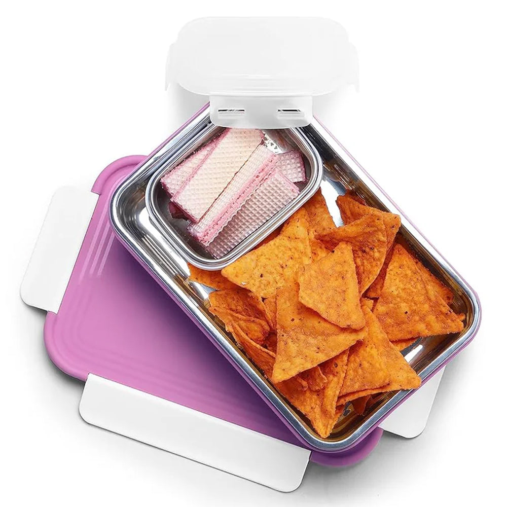 Oliveware Lunch Boxes for School Kids Girls Boys with Clip Lock|Air Tight Spill Proof|Food Grade Bpa Free Container for Childrens (Rectangle | Violet)
