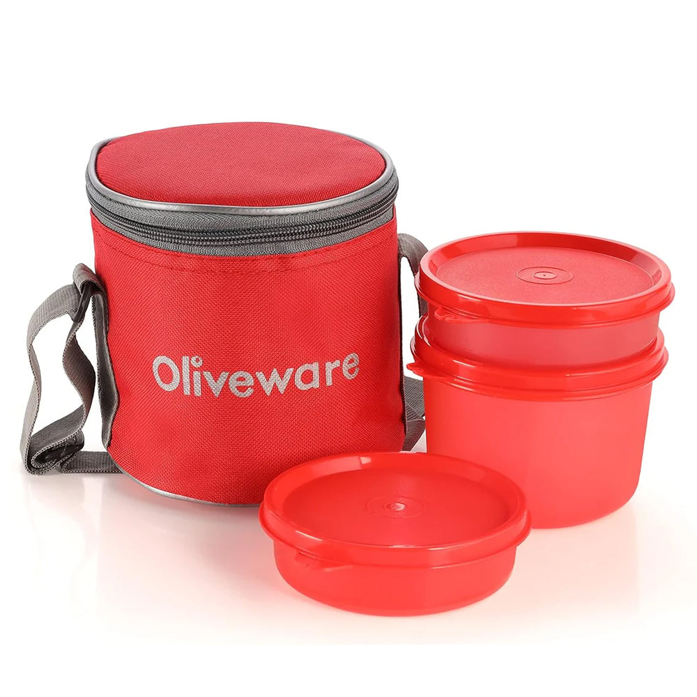 oliveware Lovely Little Plastic Lunch Box, Microwave Safe & Leak Proof, Food Grade BPA Free 3 Containers (290ml, 290ml, 600ml), Fabric Bag - Red