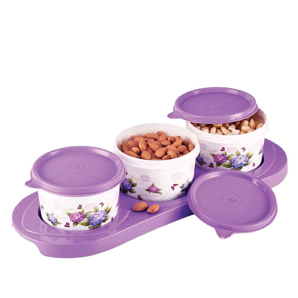 oliveware Ruby Dry Fruit Container Tray with Airtight Lid, BPA Free, For Snacks & Dry Fruits, 3 Containers (450ml) each - Voilet