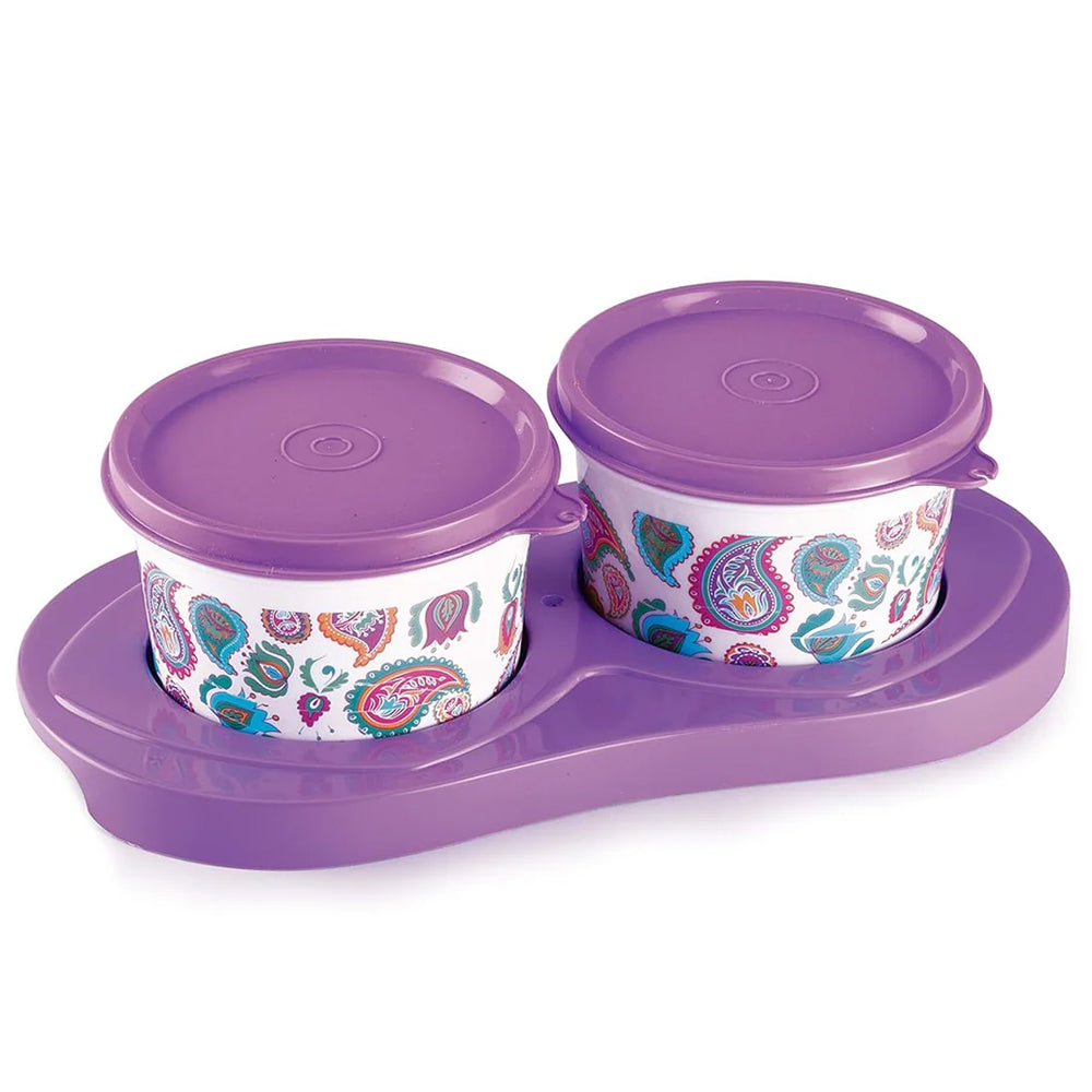 oliveware Breeze Paisley Print Serving Container & Tray with Airtight Lid, BPA Free, 2 Containers (500ml) each, For Snacks & Dry Fruits - Voilet