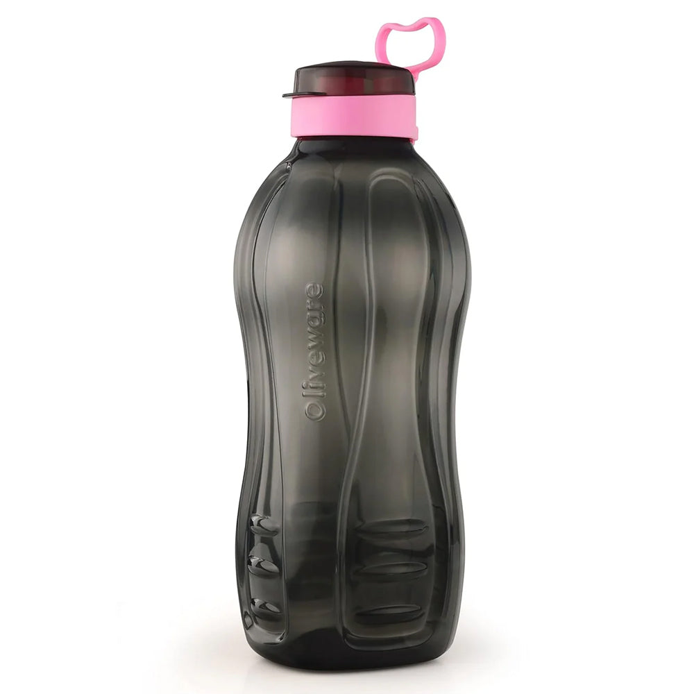 oliveware Jumbo 2 Litre Water Bottle | for Home, Office & Gym | Sturdy with Holder | 100% Leak Proof | BPA Free Premium Plastic Bottle- Pack of 1(Black_Pink)