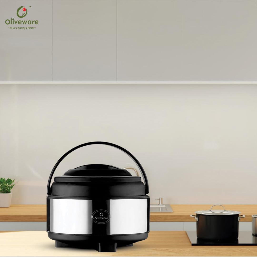 oliveware Glory Insulated Casserole | High Grade Stainless Steel | Insulated | Steel Interior | Puff Insulated Lid | Keeps Chapati, Food, Curry | Easy to Carry Handle | Sturdy Base | 2500 ml