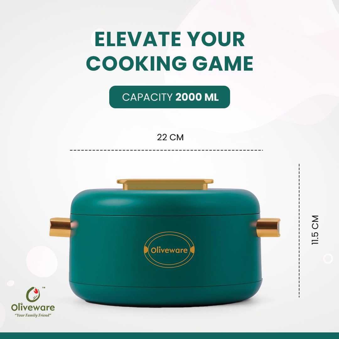 SOPL-OLIVEWARE Fresco Insulated Casserole, Inside Stainless Steel Keep Food Warm, BPA Free, Set of 1 (2000 ml Capacity) - Green