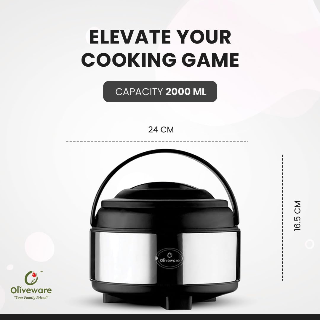oliveware Glory Insulated Stainless Steel Casserole | High Grade | Steel Interior | Puff Insulated Lid | Keeps Chapati, Food, Curry | Easy to Carry Handle | Sturdy Base | 2000 ml