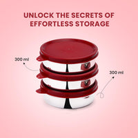 SOPL-OLIVEWARE Magic Storage Container, 100% Leak Proof & BPA Free Lid, Dishwasher Safe, 3 Stainless Steel Containers with 300 ml Each - Maroon