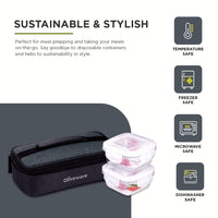 SOPL-OLIVEWARE Prism Borosilicate Glassware Square Lunchbox, Microwave Proof, Napkin & Steel Spoon, Set of 2 with 320ml Each - Grey