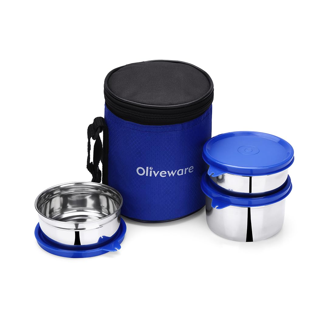 SOPL-OLIVEWARE Retro Premium Lunch Box | Stainless Steel | 3 containers | with Stylish Carry Bag | for Office, School | - (LB88CW) (Blue)