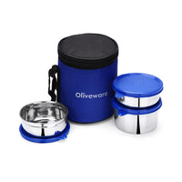 SOPL-OLIVEWARE Retro Premium Lunch Box | Stainless Steel | 3 containers | with Stylish Carry Bag | for Office, School | - (LB88CW) (Blue)
