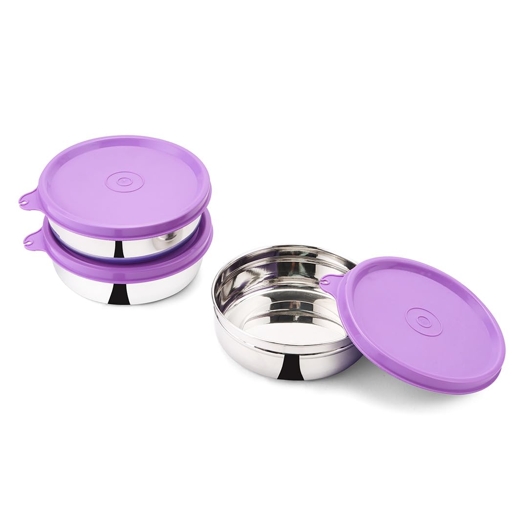 SOPL-OLIVEWARE Magic Storage Container, 100% Leak Proof & BPA Free Lid, Dishwasher Safe, 3 Stainless Steel Containers with 300 ml Each - Voilet