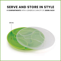 oliveware Majestic Snaks & Dry Fruit Candy Tray with Airtight Lid, BPA Free Plastic, 4 compartments (4x300 ml), Store & Serve - Green