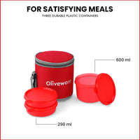 oliveware Lovely Little Plastic Lunch Box, Microwave Safe & Leak Proof, Food Grade BPA Free 3 Containers (290ml, 290ml, 600ml), Fabric Bag - Red