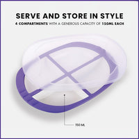 Oliveware Pearl Square Tray with Airtight Lid for Serving Dry Fruits, BPA Free, Storage & Serving Snacks, Dry Fruits, Biscuits, Candy, 4 Compartments (4x150 ml) - Voilet