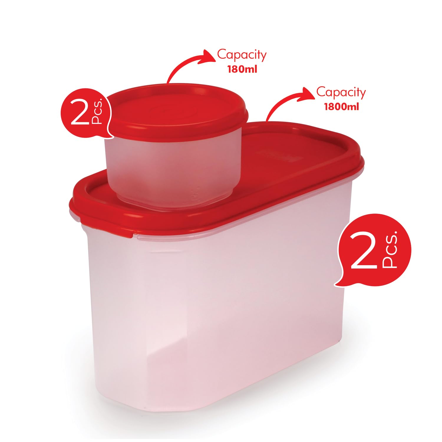 Oliveware Modular Storage Containers, BPA Free, For Pulses, Rice, Dal, Atta & Flour, Set of 4 (2x1800ml, 2x180ml) - Red