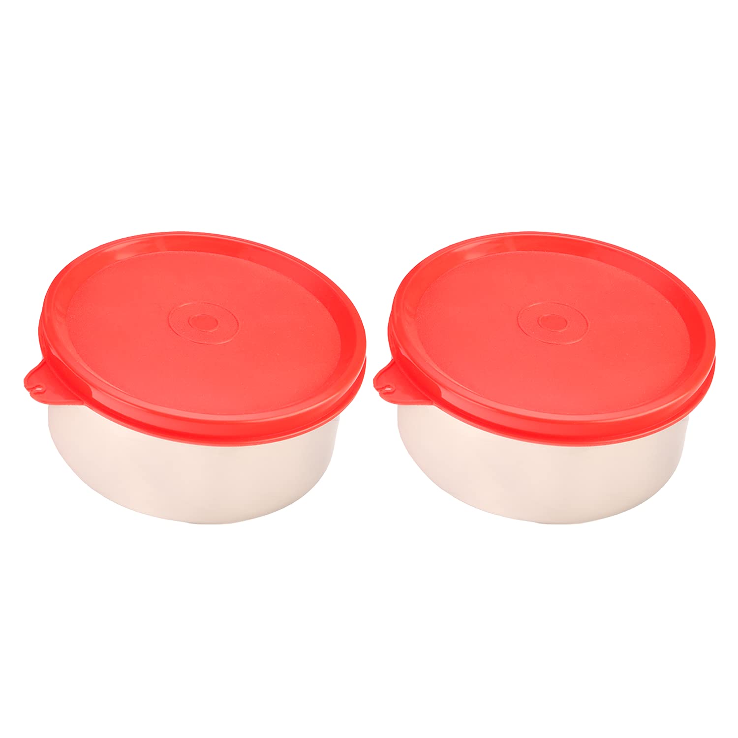 oliveware Magic Storage Containers, 100% Leak Proof and Spill Proof, 2 Stainless Steel Containers with BPA Free Airtight Lid (450ml Each) - Red