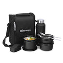 SOPL-OLIVEWARE Teso Pro Lunch Box With Steel Cutlery,3 Microwave Safe Inner Steel Containers With Bpa Free Lids(290Ml,450Ml&600Ml)Plastic Pickle Box(130Ml)Steel Water Bottle(750Ml)-Black,600 ML