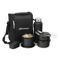 SOPL-OLIVEWARE Teso Pro Lunch Box With Steel Cutlery,3 Microwave Safe Inner Steel Containers With Bpa Free Lids(290Ml,450Ml&600Ml)Plastic Pickle Box(130Ml)Steel Water Bottle(750Ml)-Black,600 ML