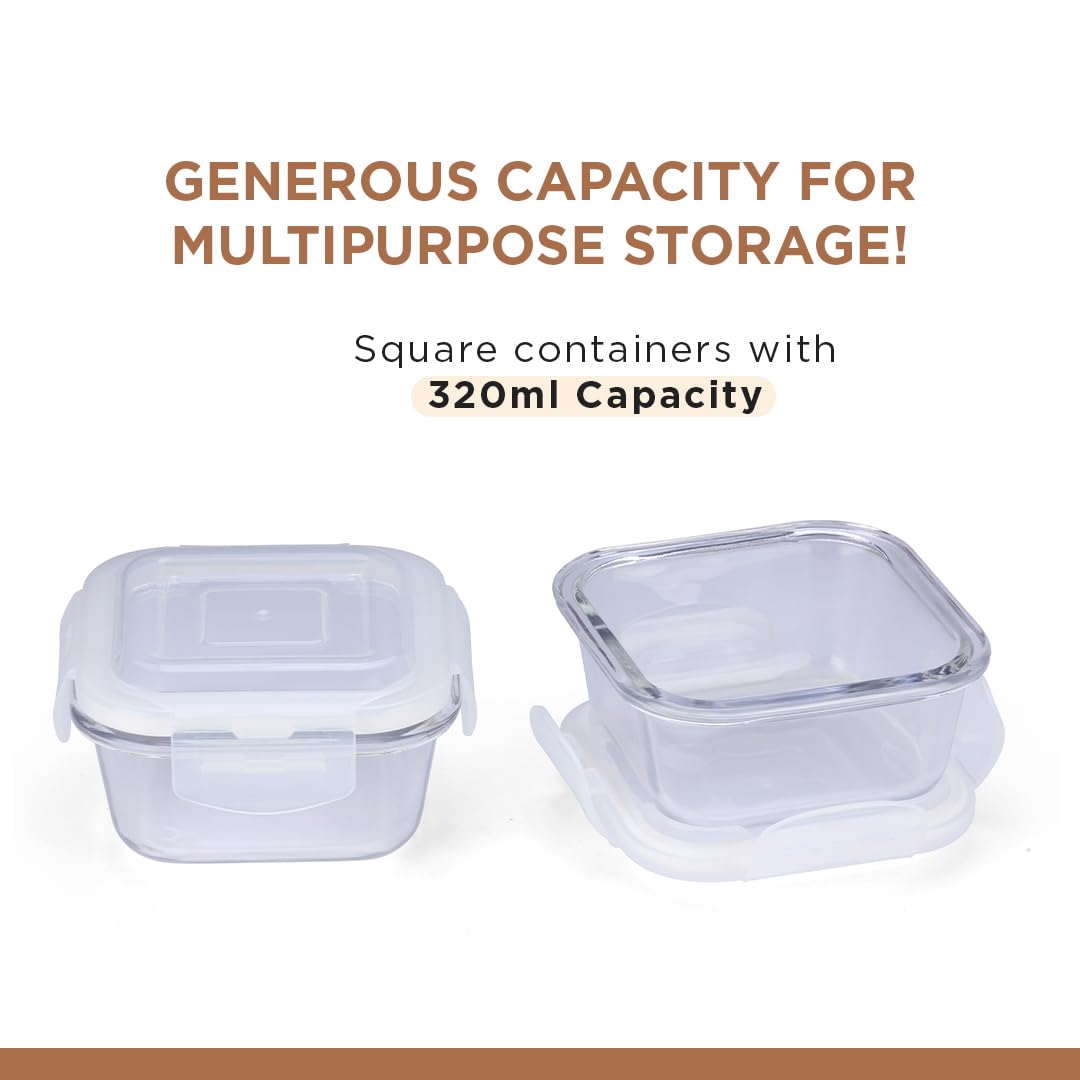 Oliveware Food Storage Container| Set of 2 | Square Containers| 320ml each|Air-Tight Fridge Organizer Case|BPA-Free Locking Lids |Microwave & Freezer Safe |Leak Proof Food Storage Meal Prep Containers
