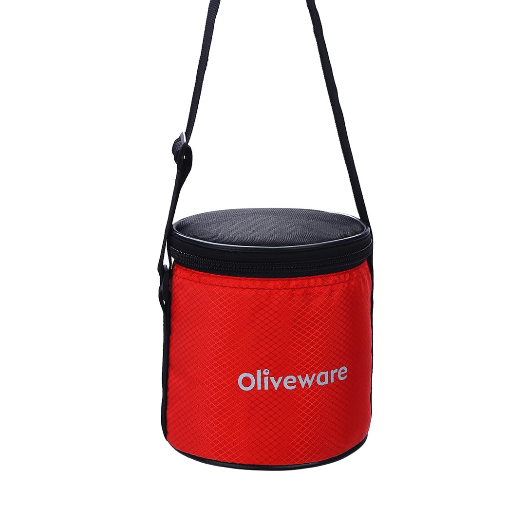 SOPL-OLIVEWARE Retro Premium Lunch Box | Stainless Steel | 3 containers | with Stylish Carry Bag | for Office, School | - (LB88CW) (Red)