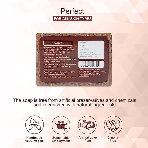 Rozhub Naturals Coffee Handmade Soaps - Energizing and Exfoliating - 100 Gm (Pack of 4)