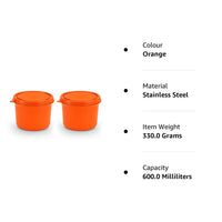 oliveware Benny Microwave Containers with BPA Free Airtight Lid, Stainless Steel Container, Leak Proof, Home & Office Use, Set of 2 (600ml) - Orange