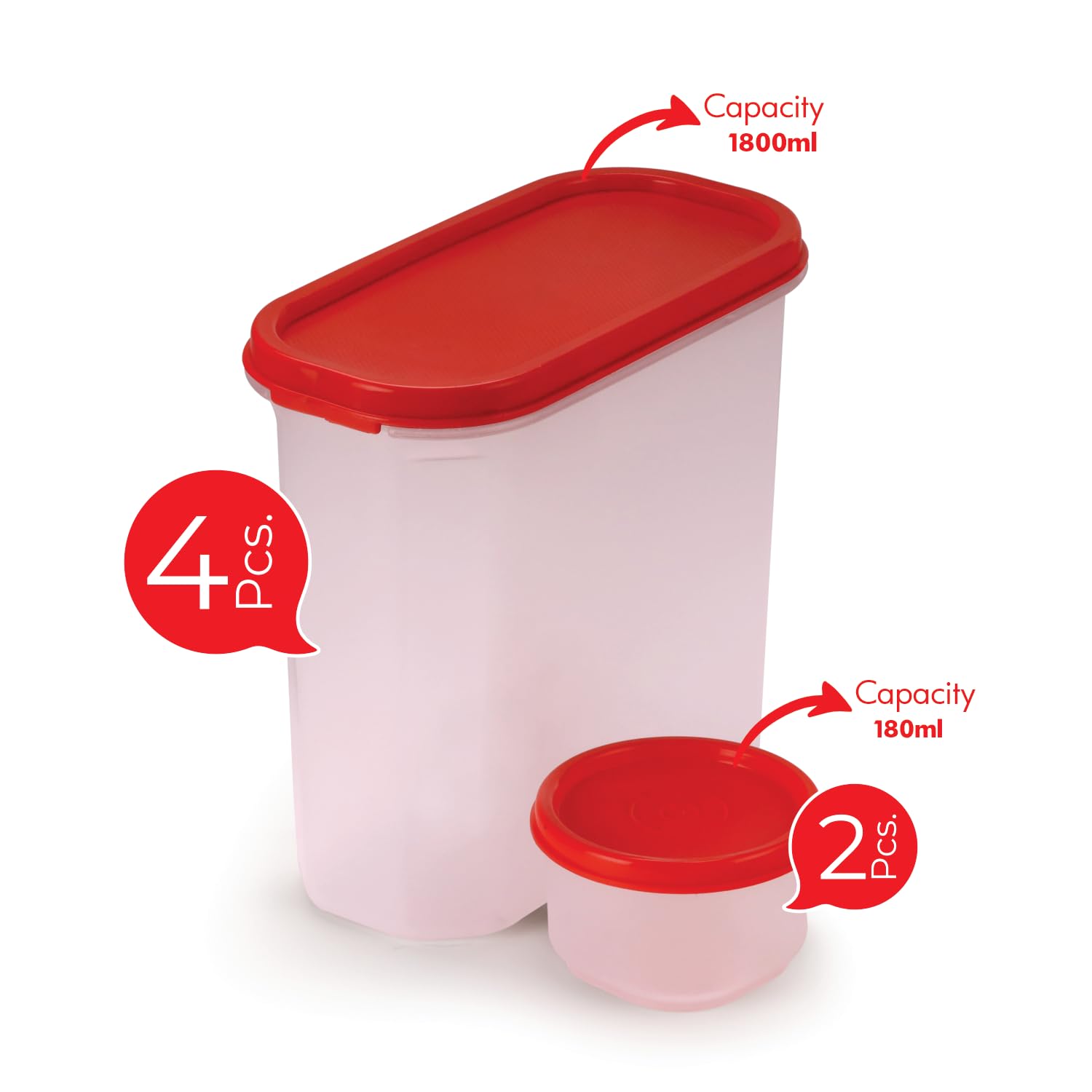 Oliveware Modular Storage Containers, BPA Free, For Pulses, Rice, Dal, Atta & Flour, Set of 6 (4x1800ml, 2x180ml) - Red