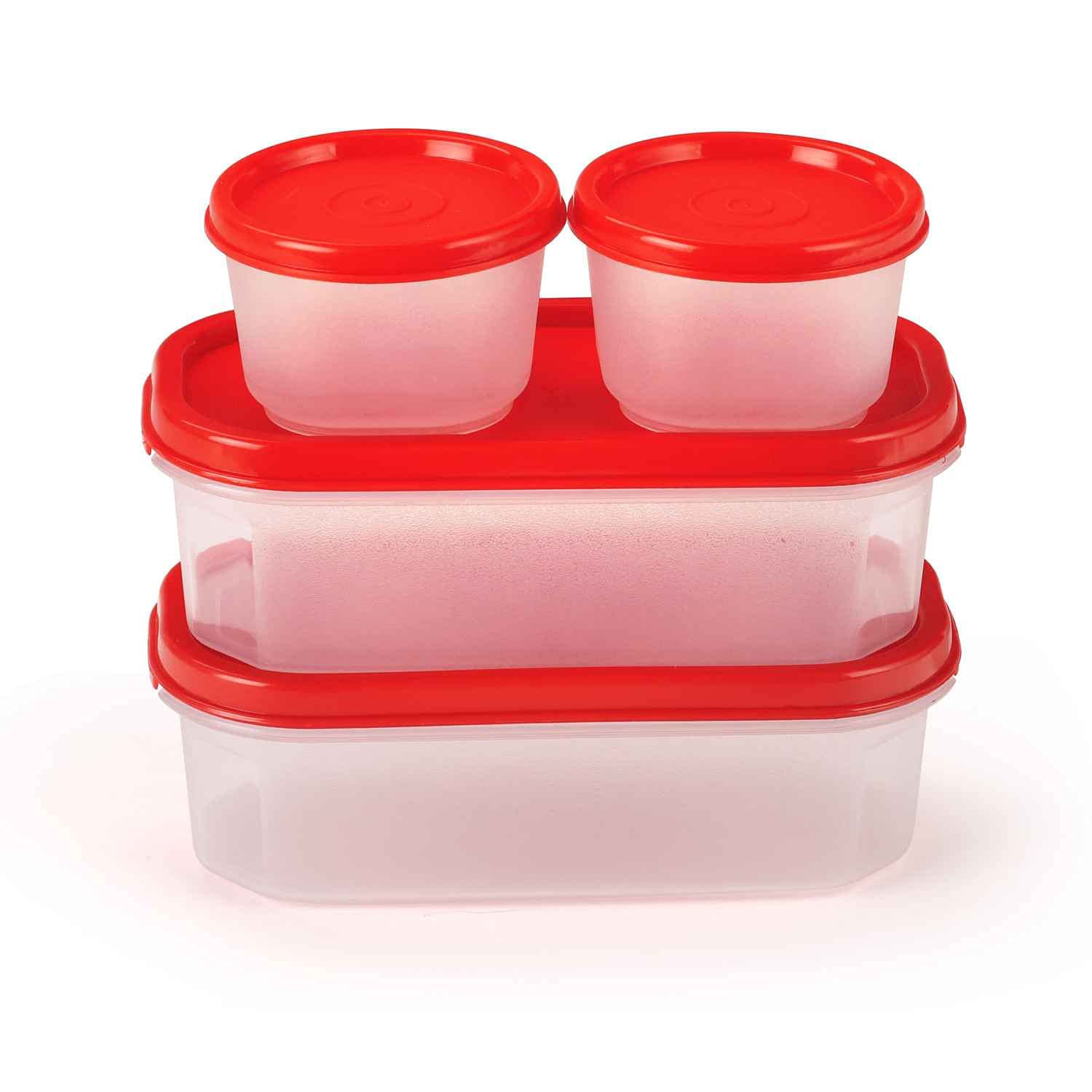 Oliveware Modular Storage Containers with Airtight Lid, BPA Free, For Pulses, Rice, Dal & Atta, Set of 4 (2x600ml, 2x180ml) - Red