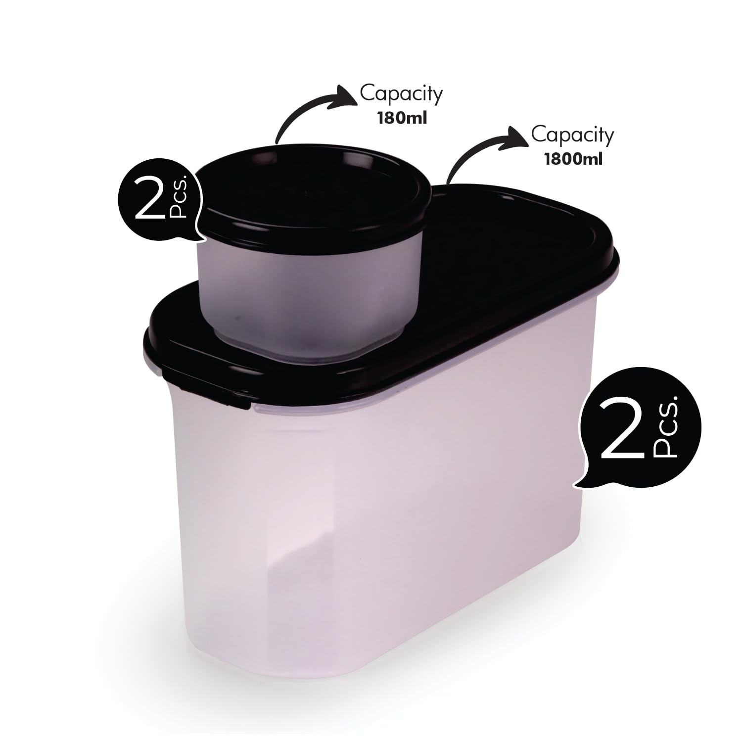 Oliveware Modular Storage Containers, BPA Free, For Pulses, Rice, Dal, Atta & Flour, Set of 4 (2x1800ml, 2x180ml) - Black