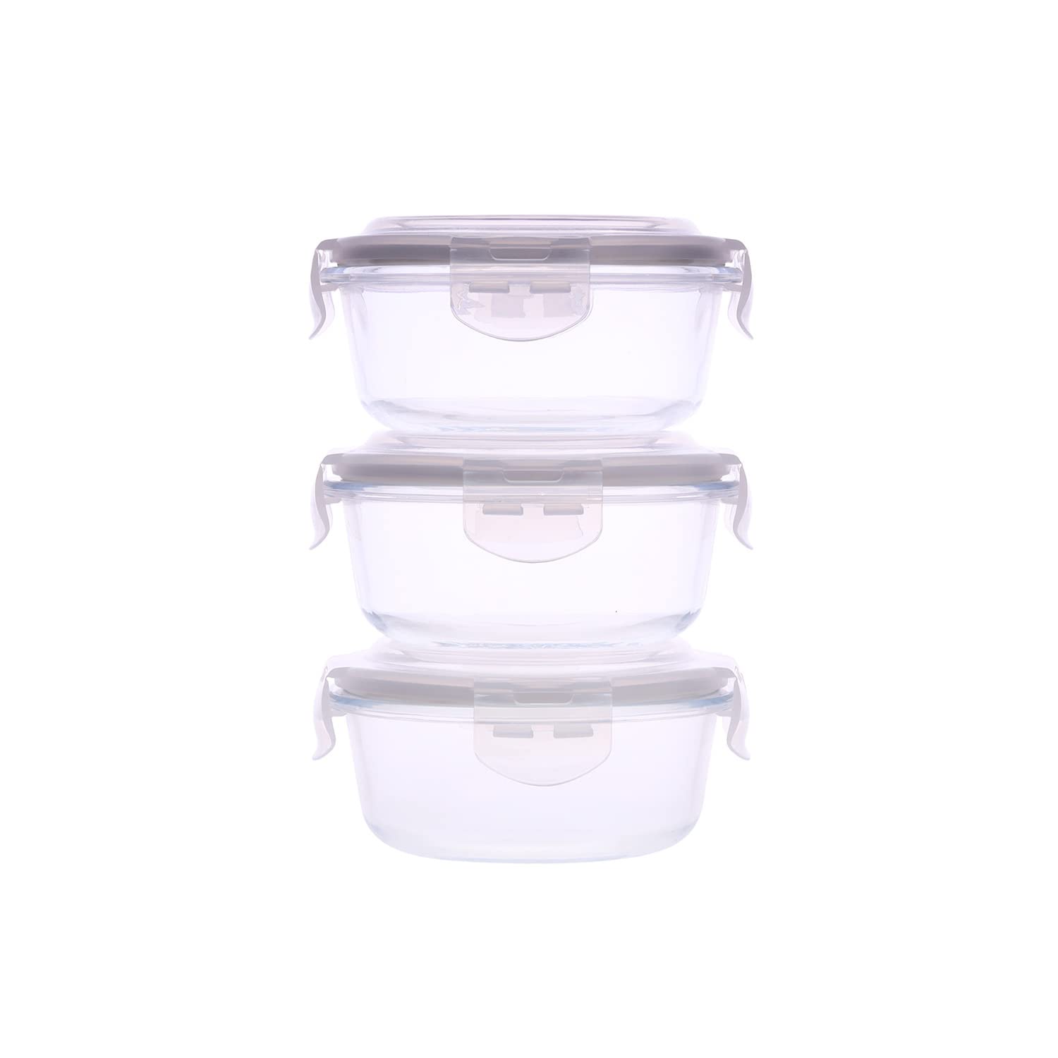 SOPL-OLIVEWARE Pebble Round Glassware Lunch Box, Borosilicate Glass, Leak Proof & Microwave Safe, 3 Containers (400ml) with BPA Free Lids - Red