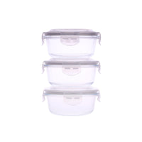 SOPL-OLIVEWARE Pebble Round Glassware Lunch Box, Borosilicate Glass, Leak Proof & Microwave Safe, 3 Containers (400ml) with BPA Free Lids - Red