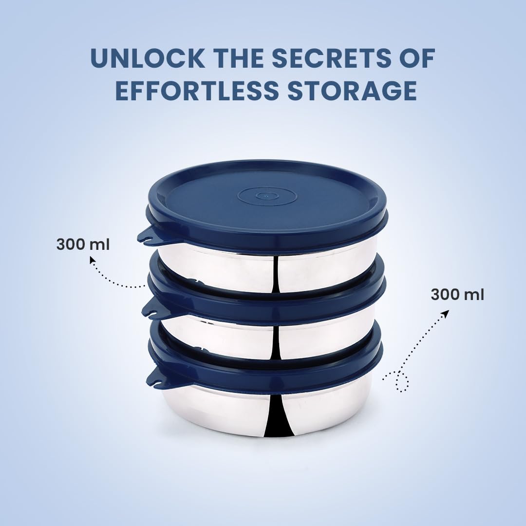 SOPL-OLIVEWARE Magic Storage Container, 100% Leak Proof & BPA Free Lid, Dishwasher Safe, 3 Stainless Steel Containers with 300 ml Each - Blue