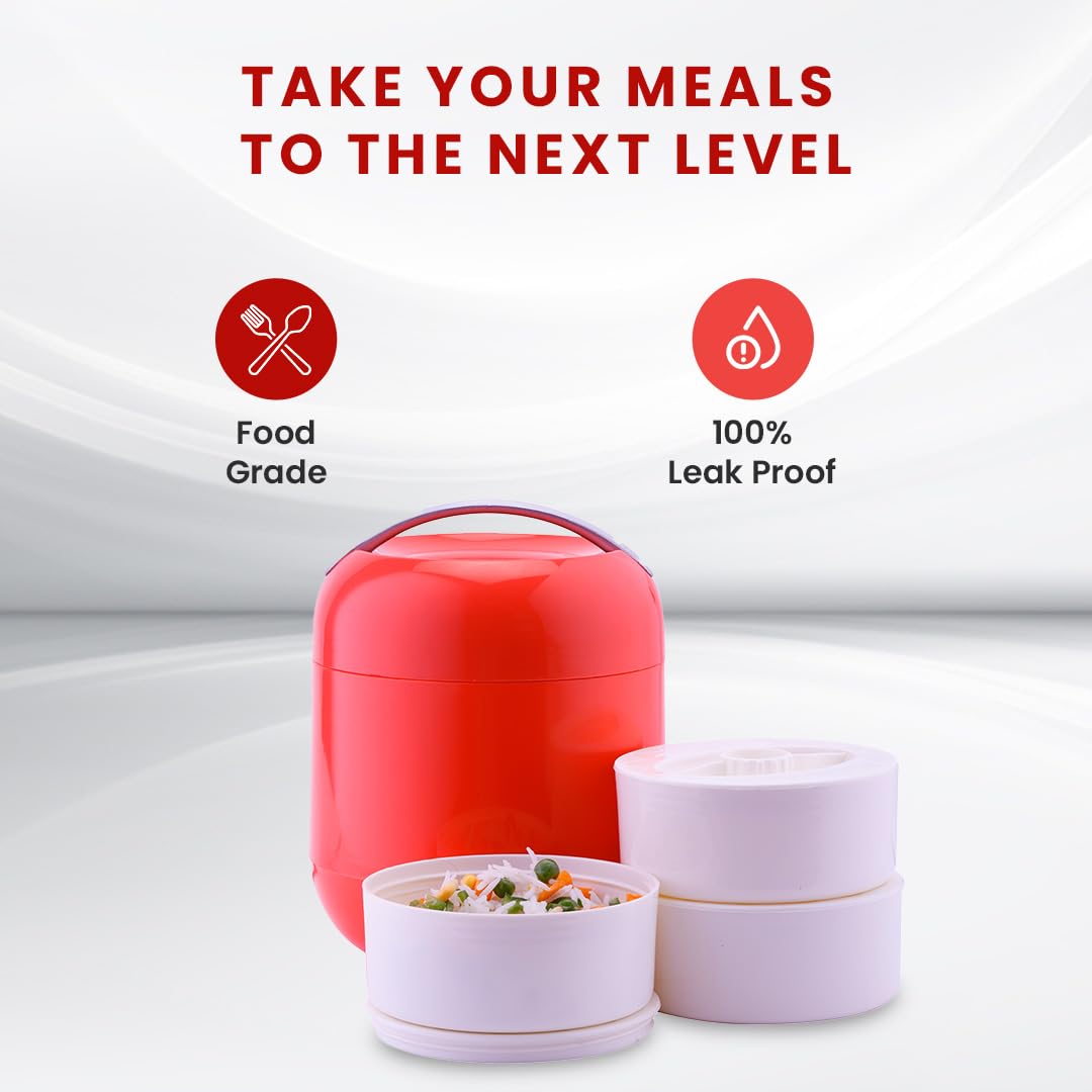 oliveware Bella Lunch Box, 3 Containers in 300ml Each, BPA Free, Insulated Body with Carry Handle, Leak Proof & Sturdy, Easy to Carry - Red