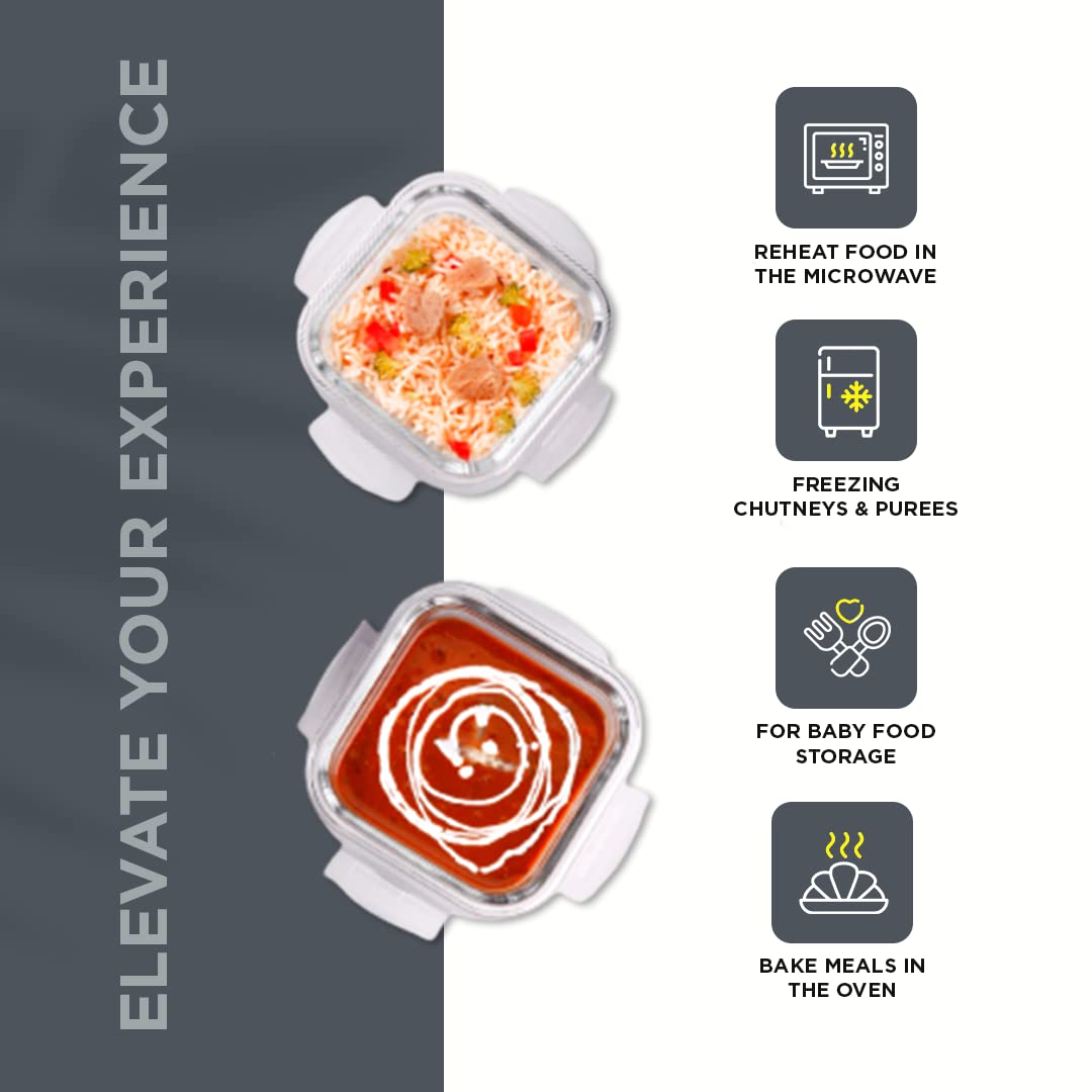 Oliveware Vegas Glassware Lunchbox for Office | Borosilicate Glass | Microwave, Dishwasher & Freezer Safe | Set of 2 Leak Proof & Air Tight Containers | 320ml each