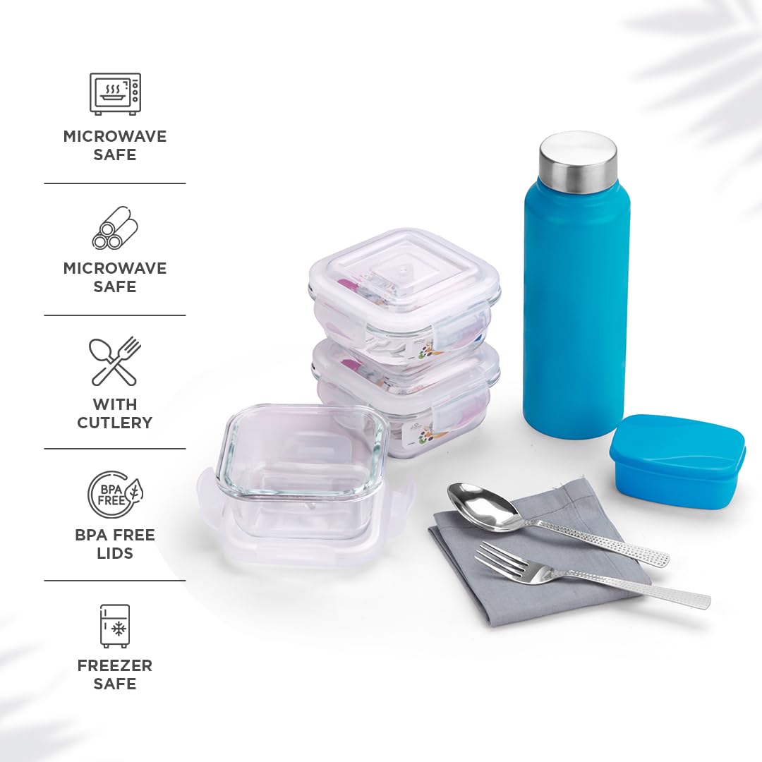 SOPL-OLIVEWARE Crystal Lunch Box with Steel Cutlery, BPA Free Lids, 3 Microwave Safe Glass Containers(3 * 320Ml Each), Plastic Pickle Box (130ml), Steel Water Bottle(750ml)