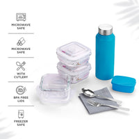 SOPL-OLIVEWARE Crystal Lunch Box with Steel Cutlery, BPA Free Lids, 3 Microwave Safe Glass Containers(3 * 320Ml Each), Plastic Pickle Box (130ml), Steel Water Bottle(750ml)