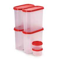 Oliveware Modular Storage Containers, BPA Free, For Pulses, Rice, Dal, Atta & Flour, Set of 6 (4x1800ml, 2x180ml) - Red